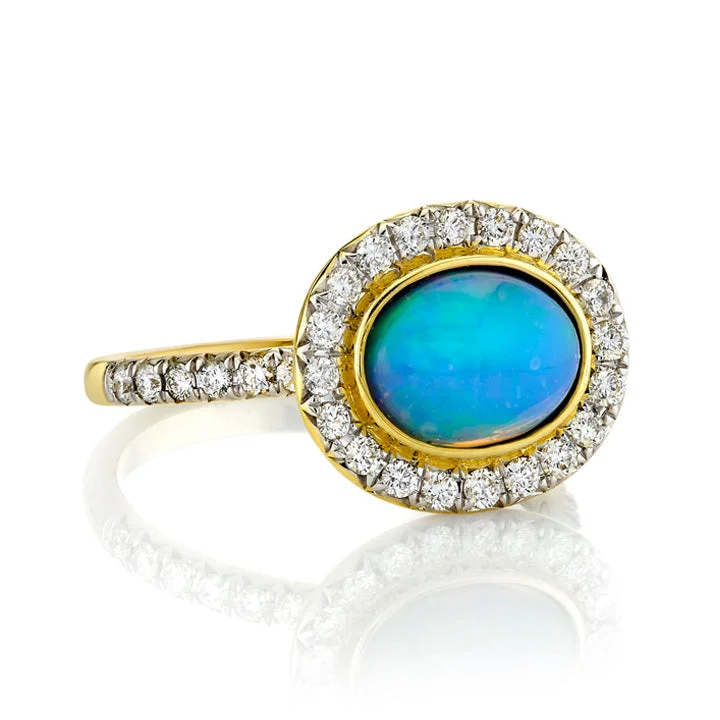 Women's rings indigo-sapphire-18k Yellow Gold Opal & Diamond Halo Ring