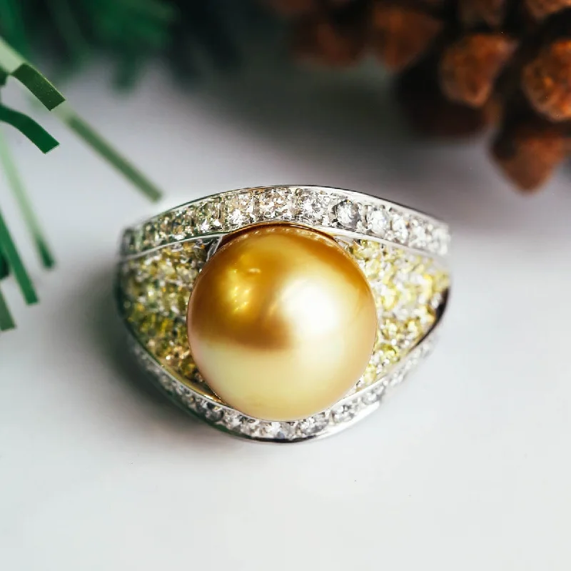 Women's rings radiant-amethyst-Golden Pearl Ring with Diamond Accents