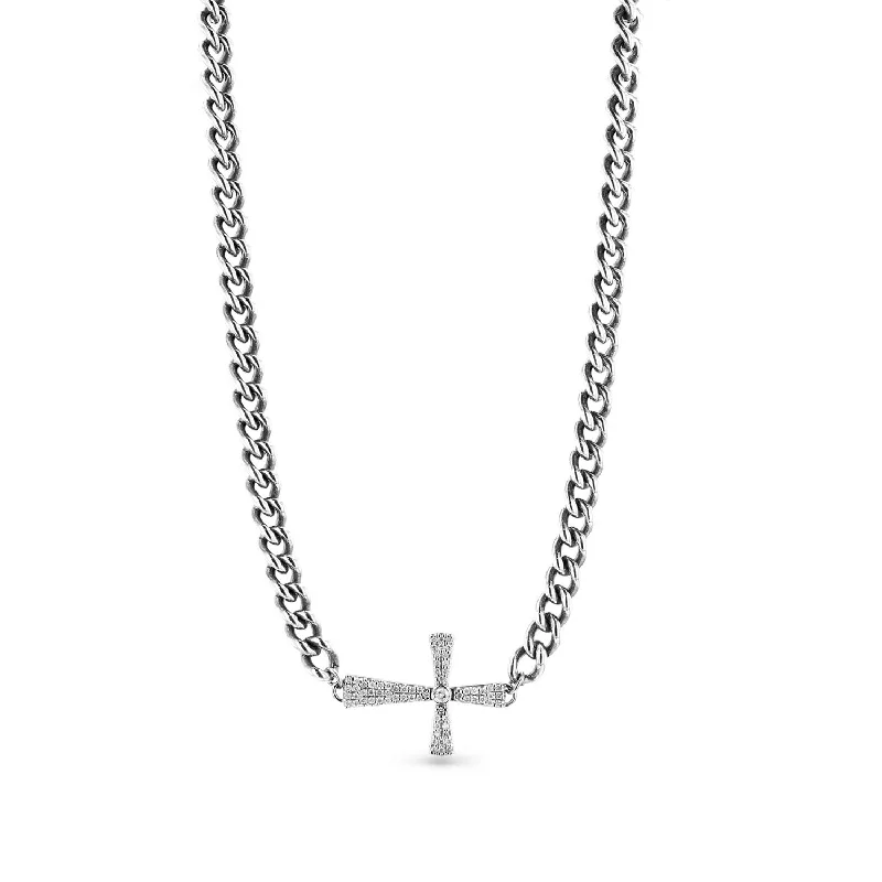 trendy minimalist necklaces for women -Bezeled Diamond Cross Necklace  N0002777