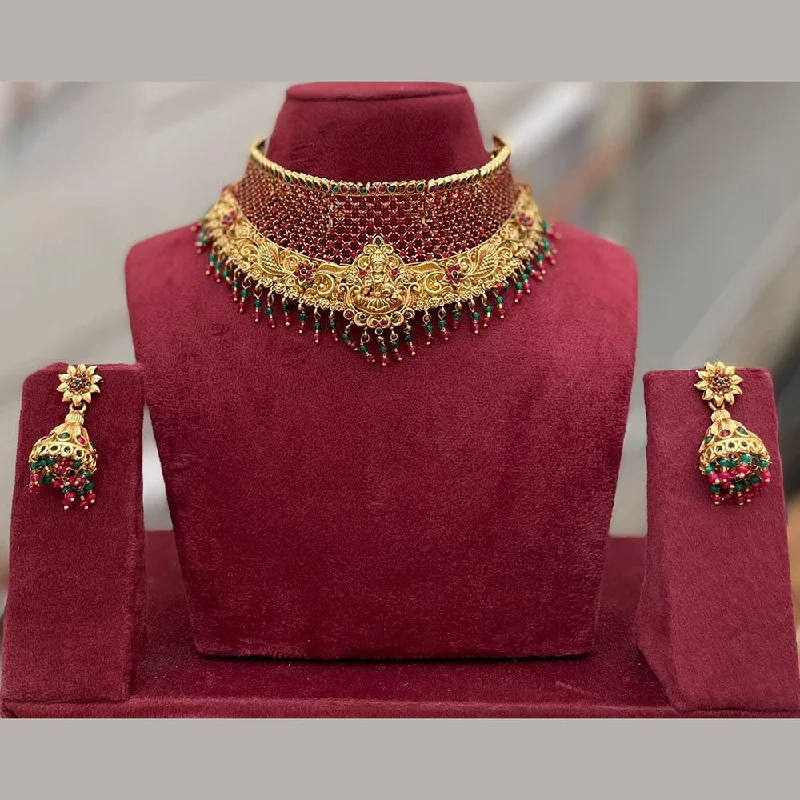 charm locket necklaces for women -Manisha Jewellery Gold Plated Pota Stone And Pearls Temple Choker Necklace Set