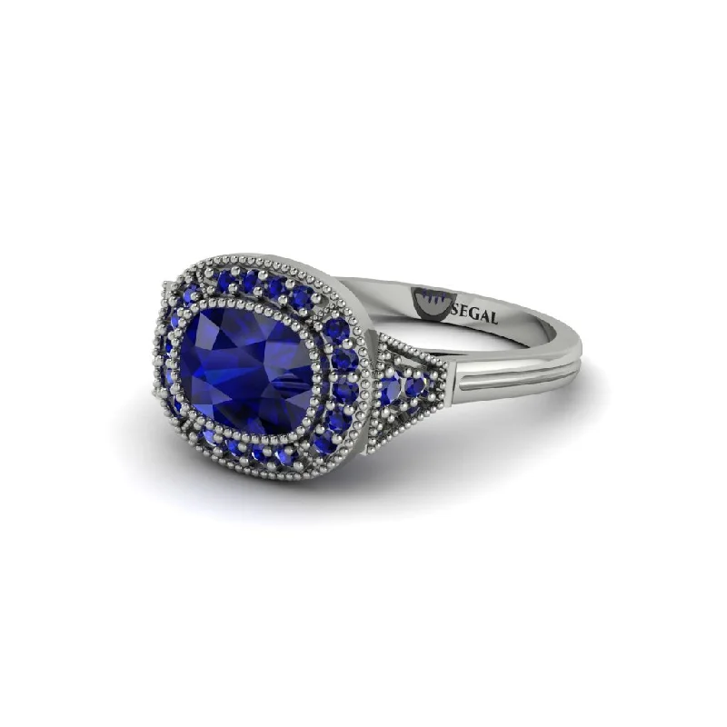 high fashion engagement rings -Cushion Cut Sapphire Milgrain Halo Engagement Ring - Blake No. 75