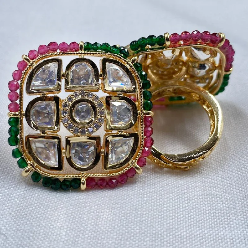 Women's rings fine-hue-Royal Kundan Jewellery Gold Plated Polki Kundan Finger Ring