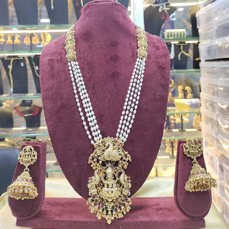 custom necklaces for women -Manisha Jewellery Gold Plated Pota Stone And Pearl Temple Long Necklace Set