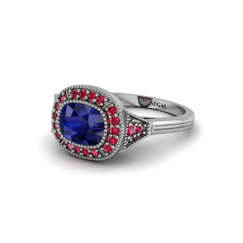 modern engagement rings for women -Cushion Cut Sapphire Milgrain Halo Engagement Ring - Blake No. 60