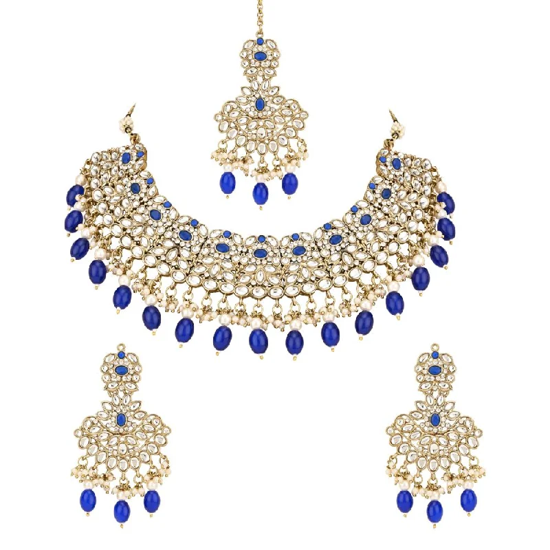 rose quartz necklaces for women -Etnico Gold Plated Traditional Kundan Pearl Drop Bridal Choker Necklace With Chandbali Earrings & Maang Tikka Jewellery Set For Women/Girls (K7257Bl)