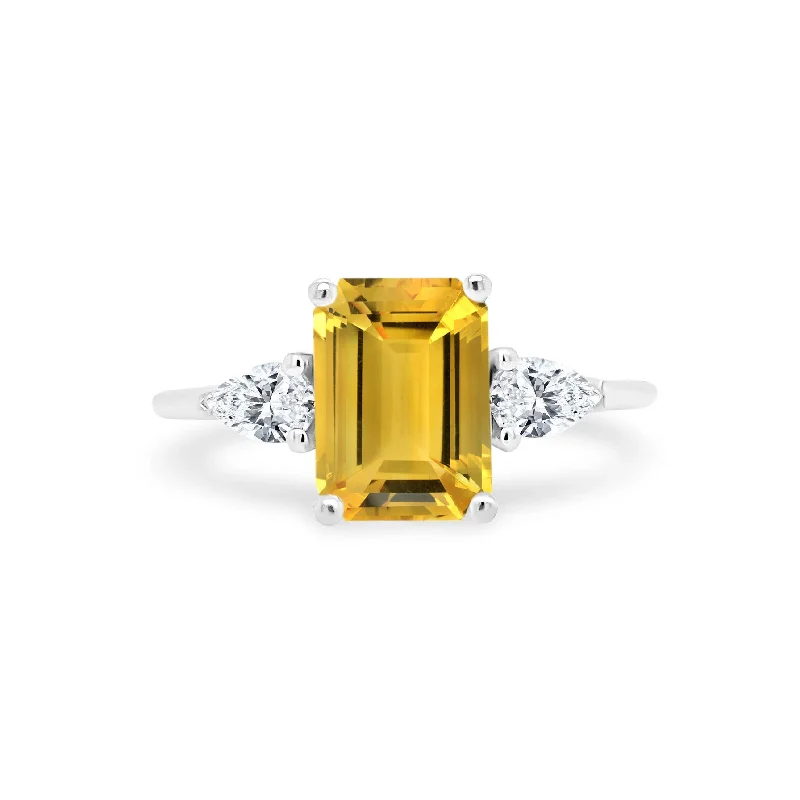 Women's rings glimmering-edge-Emerald Cut Citrine with Pear Cut Diamond Side Stones