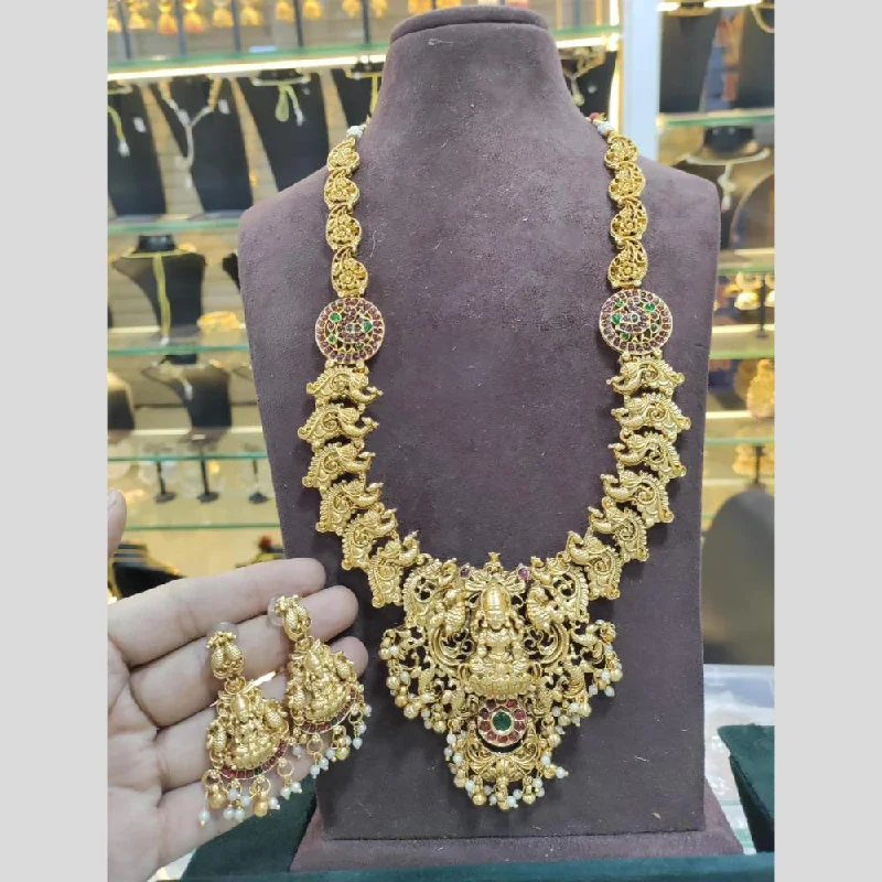 luxury diamond necklaces for women -Manisha Jewellery Gold Plated Pota Stone And Pearls Temple Long Necklace Set