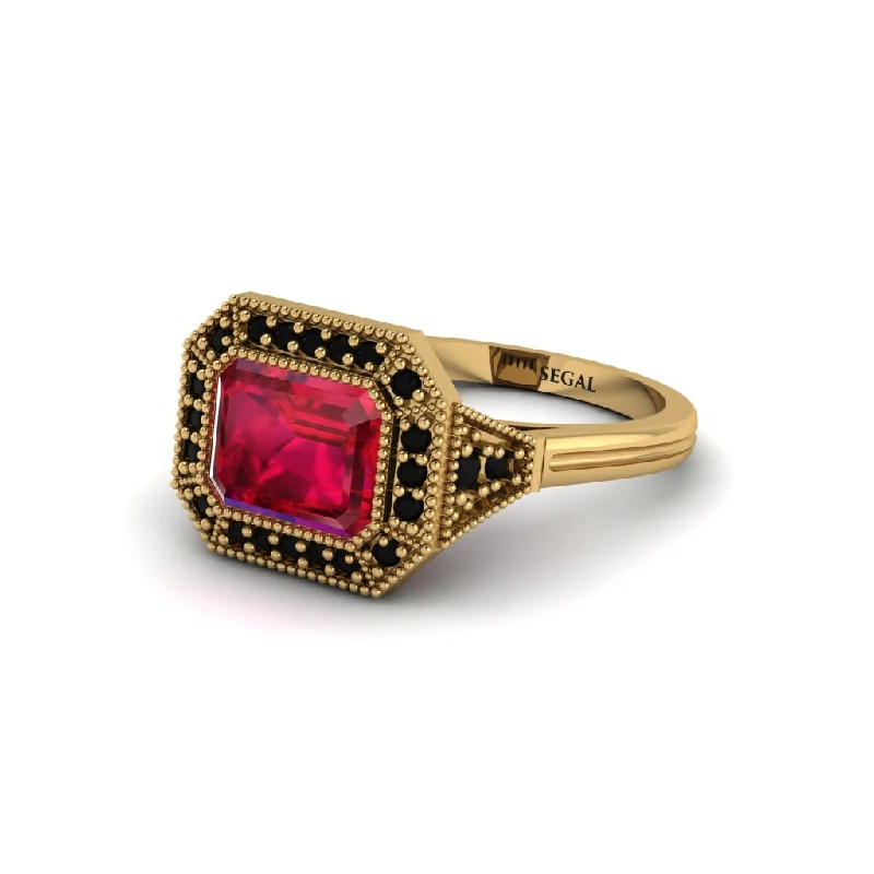 trendy engagement rings for women -Emerald Cut Ruby Milgrain Halo Engagement Ring - Juniper No. 40