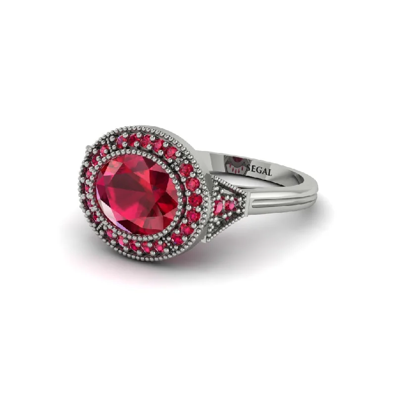 diamond engagement rings for women -Oval Cut Ruby Milgrain Halo Engagement Ring - Alexandria No. 57