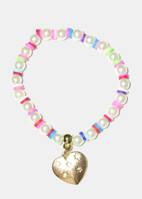 dainty bracelets for women -Heart Charm Pearl & Bead Bracelet