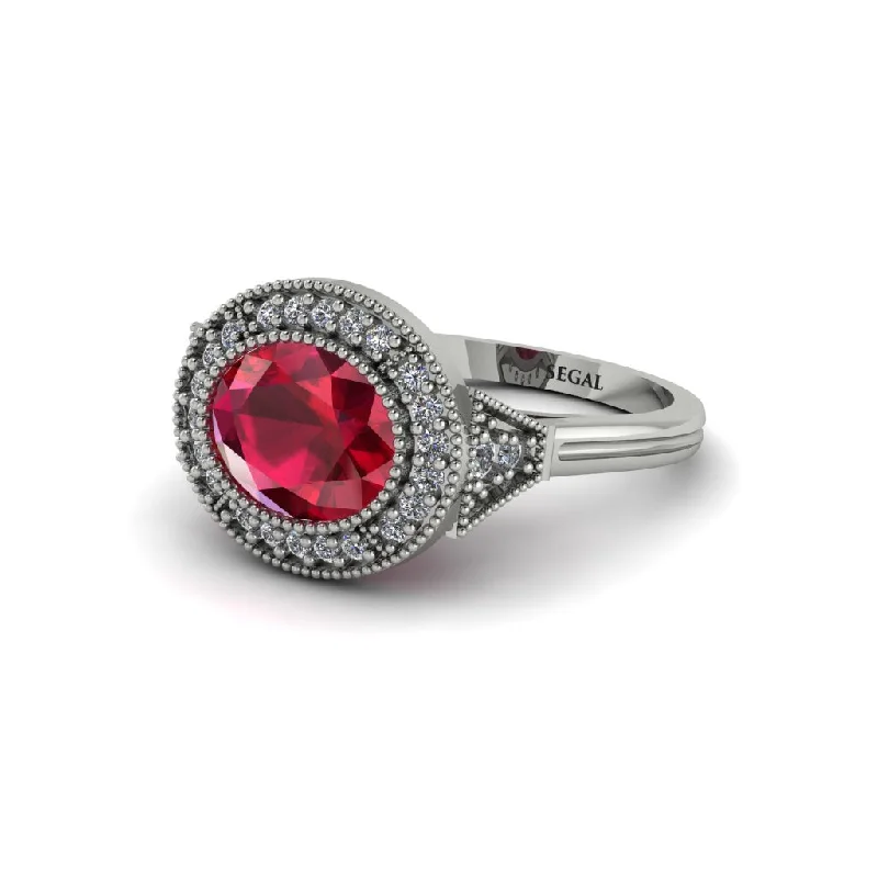 half eternity engagement rings for women -Oval Cut Ruby Milgrain Halo Engagement Ring - Alexandria No. 12