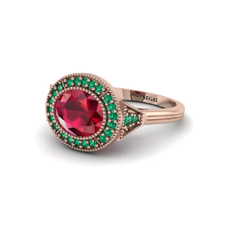 three-stone engagement rings for women -Oval Cut Ruby Milgrain Halo Engagement Ring - Alexandria No. 26