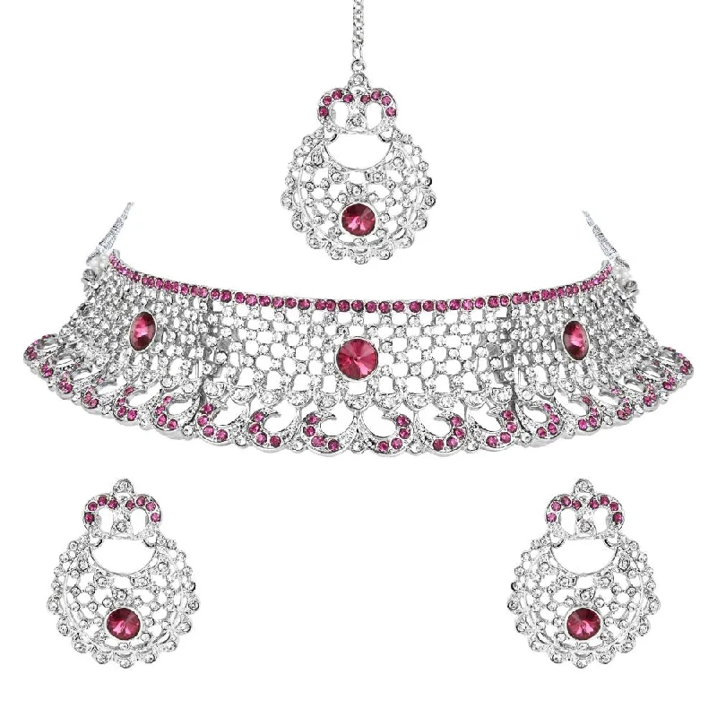 high-end necklaces for women -Etnico Silver Plated Traditional Design Stone Work Choker Necklace Jewellery Set With Chandbali Earring & Maang Tikka For Women/Girls (M4171ZWi)