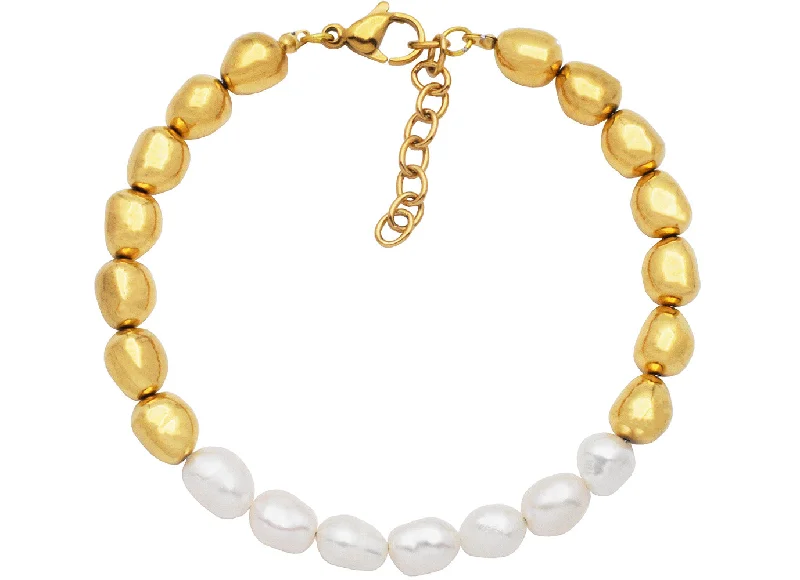 matching bracelets for women -Men's 6mm Baroque Pearl Gold Stainless Steel Bracelet