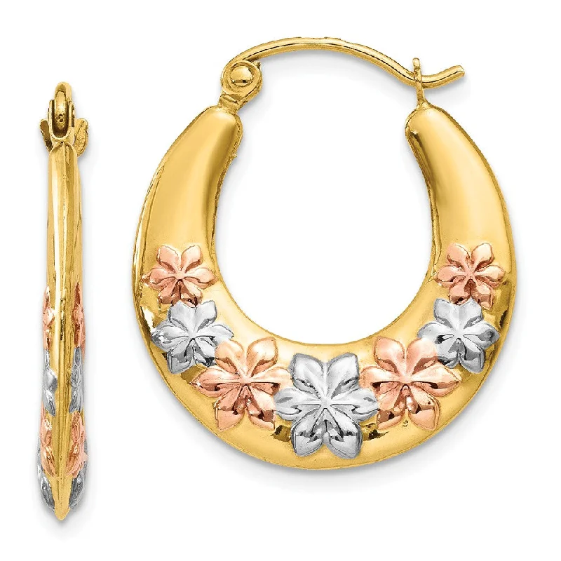 handcrafted earrings for women -Tri-Color Floral Hoop Earrings in 14k Yellow Gold and Rhodium