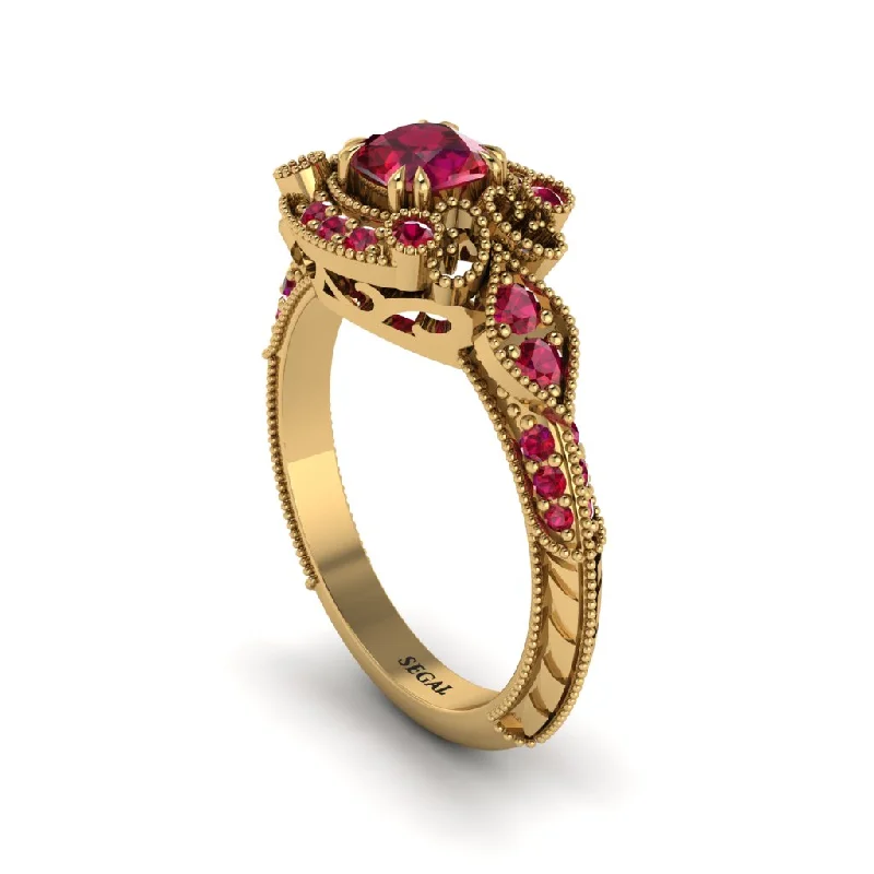 gold band engagement rings for women -Ruby Vintage Filigree Cushion Cut Engagement Ring - Elaina No. 55