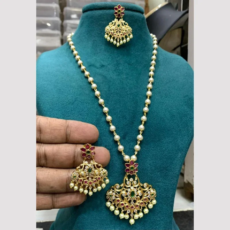 unique charm necklaces for women -Sona Creation Gold Plated Pota Stone And Pearls Temple Necklace Set