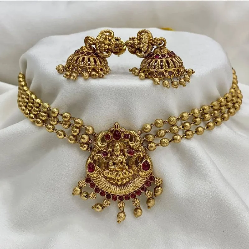 silver necklaces for women -Joyful Jewel Art Matte Gold Plated Pota Stone Temple Choker Necklace Set