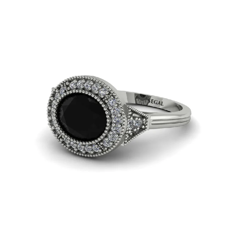 oval halo engagement rings for women -Oval Cut Black Diamond Milgrain Halo Engagement Ring - Alexandria No. 9