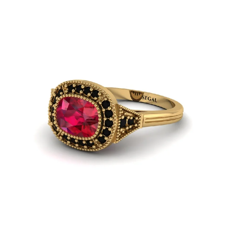 alternative engagement rings for women -Cushion Cut Ruby Milgrain Halo Engagement Ring - Blake No. 40