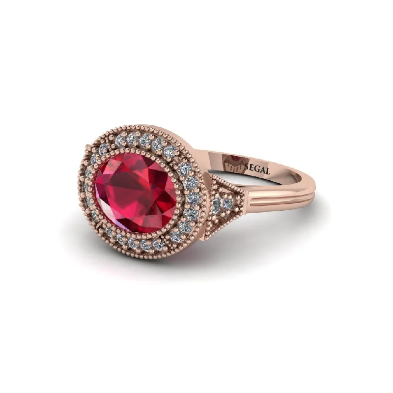 vintage-inspired engagement rings for women -Oval Cut Ruby Milgrain Halo Engagement Ring - Alexandria No. 11