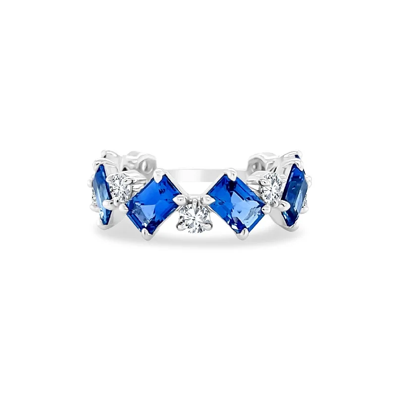 Women's rings indigo-sapphire-Rotating Round Diamond and Emerald Cut Sapphire Band