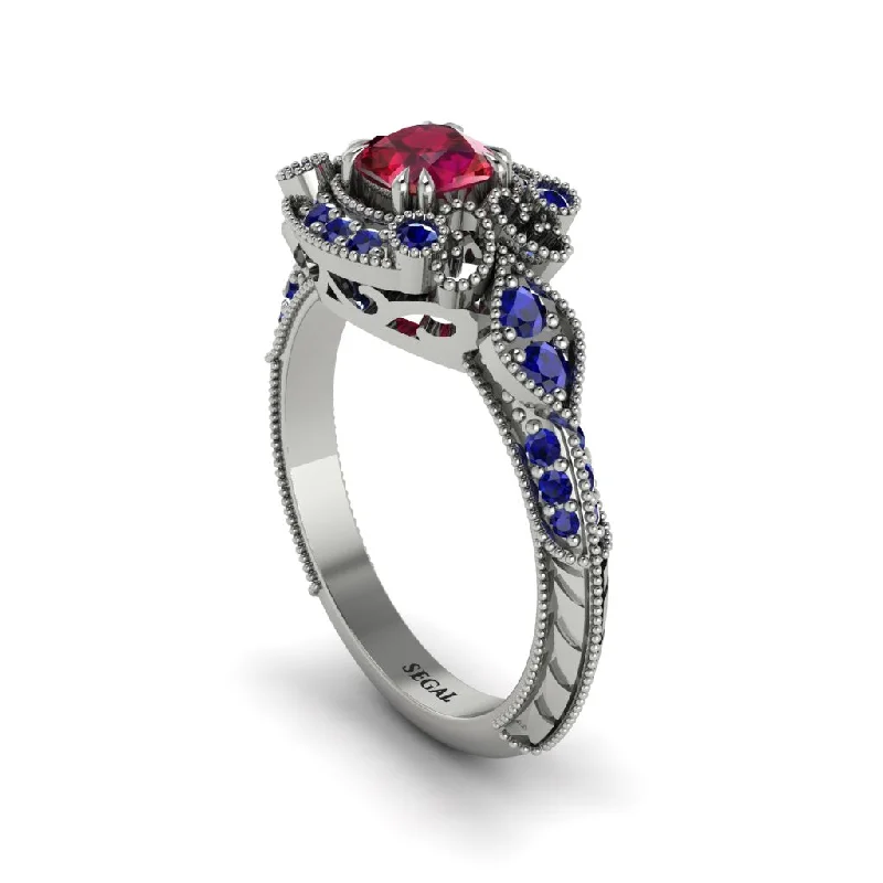 eternity band engagement rings for women -Ruby Vintage Filigree Cushion Cut Engagement Ring - Elaina No. 72