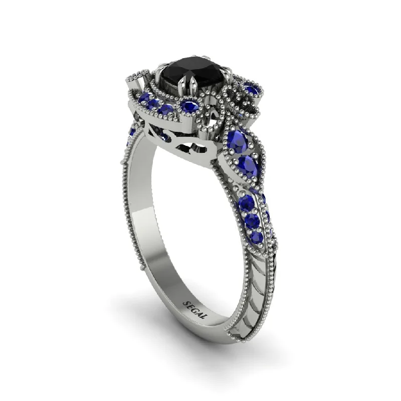 stunning engagement rings for women -Black Diamond Vintage Filigree Cushion Cut Engagement Ring - Elaina No. 69