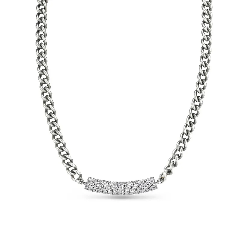 aesthetic necklaces for women -Short Curb Chain Necklace with Diamond Roll Bar N0000466