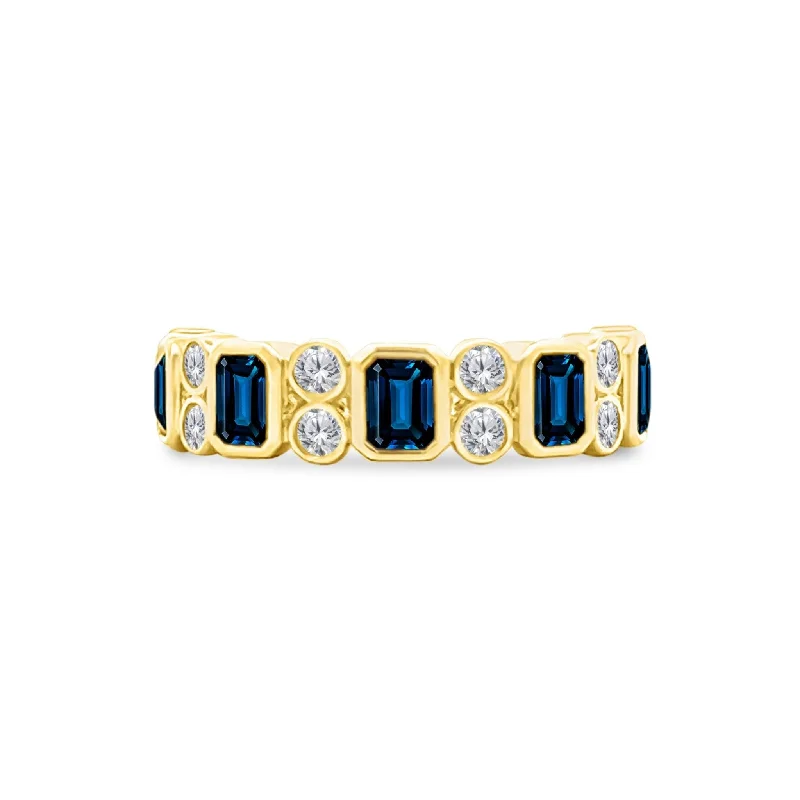 Women's rings quad-tone-Alternating Emerald Cut Blue Sapphire & Double Diamond Bezel Band