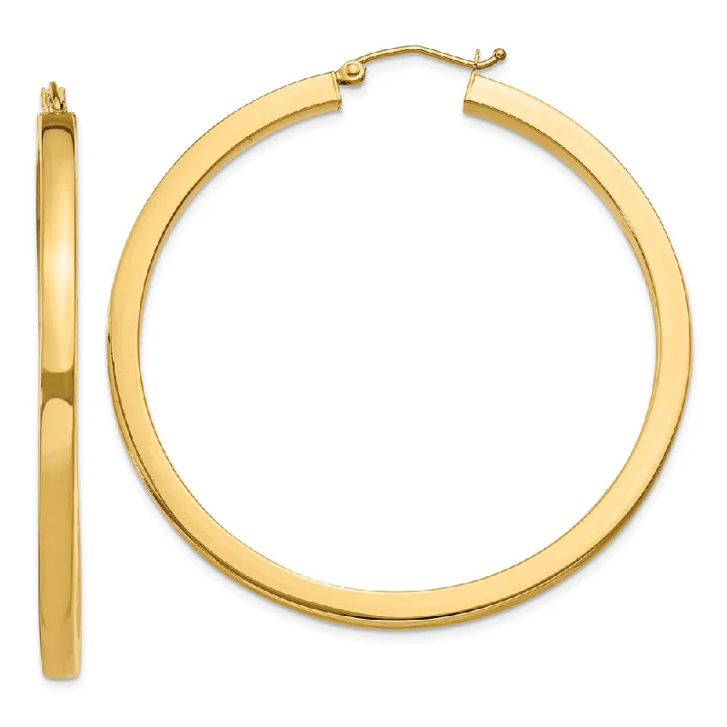 gold plated earrings for women -3mm, 14k Yellow Gold Square Tube Round Hoop Earrings, 50mm (1 7/8 In)