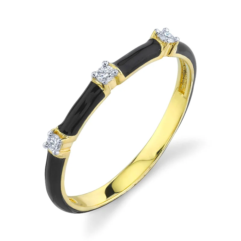 Women's rings hand-polished-Diamond and Black Enamel Band