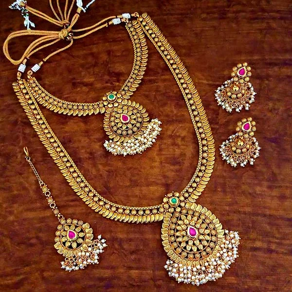 inspirational necklaces for women -Darshana Jewels Pota Stone Double Necklace Set With Maang Tikka - FAP0090