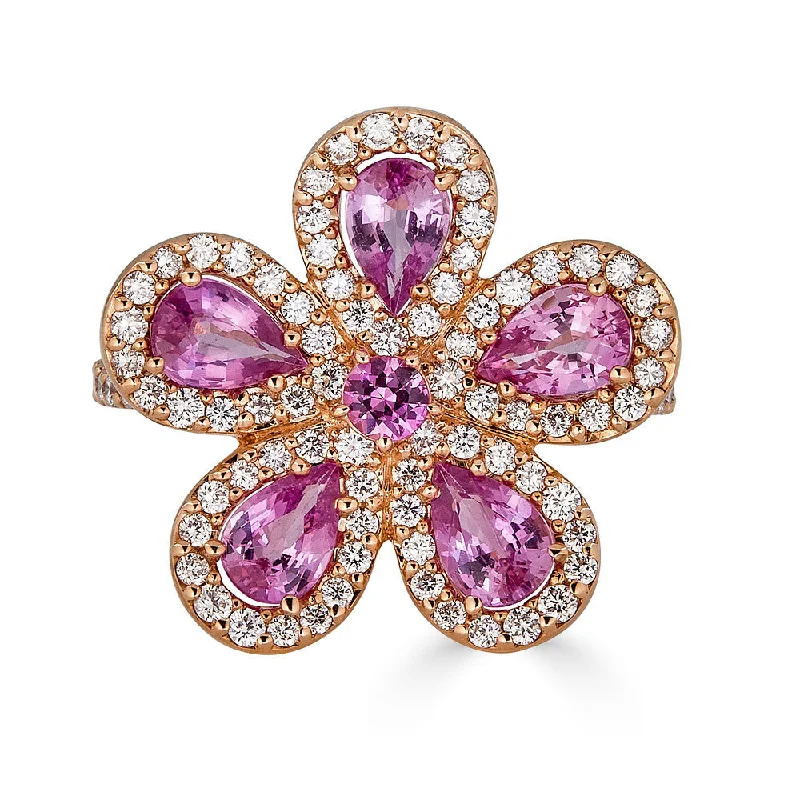 Women's rings intricate-carving-Pink Sapphire & Diamond Flower Ring