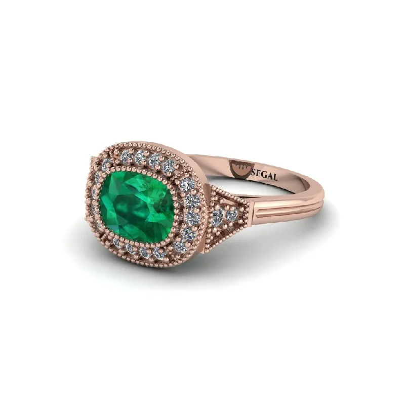 modern engagement rings for women -Cushion Cut Emerald Milgrain Halo Engagement Ring - Blake No. 5