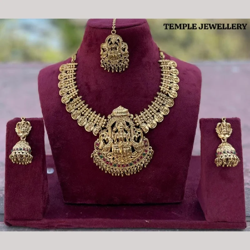 gold necklaces for women -FS Collection Gold Plated Pota Stone Temple And Pearls Necklace Set