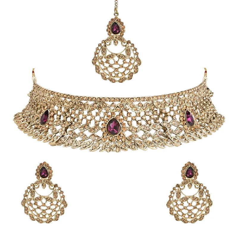 summer necklaces for women -Etnico Gold Plated Traditional Design Stone Work Choker Necklace Jewellery Set With Chandbali Earring & Maang Tikka For Women/Girls (M4170FLWi)