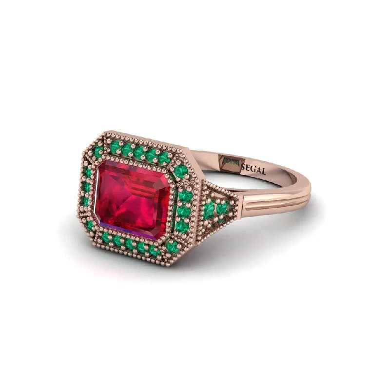 unusual engagement rings for women -Emerald Cut Ruby Milgrain Halo Engagement Ring - Juniper No. 26