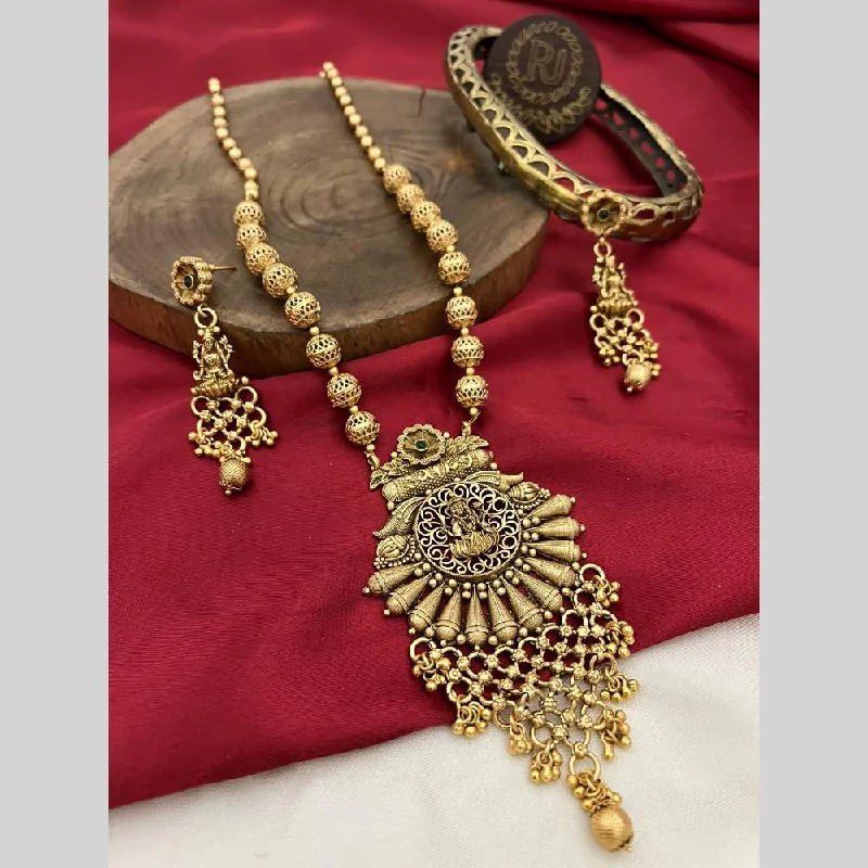 engraved necklaces for women -FS Collection Gold Plated Pota Stone And Pearls Temple Long Necklace Set