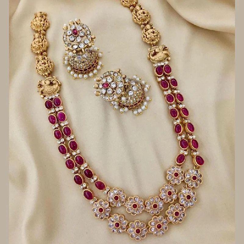 handmade birthstone necklaces for women -FS Collection Gold Plated Crystal Stone Temple Long Necklace Set