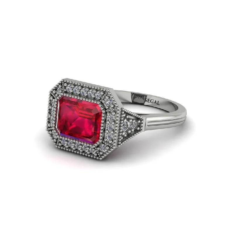 modern engagement rings for women -Emerald Cut Ruby Milgrain Halo Engagement Ring - Juniper No. 12