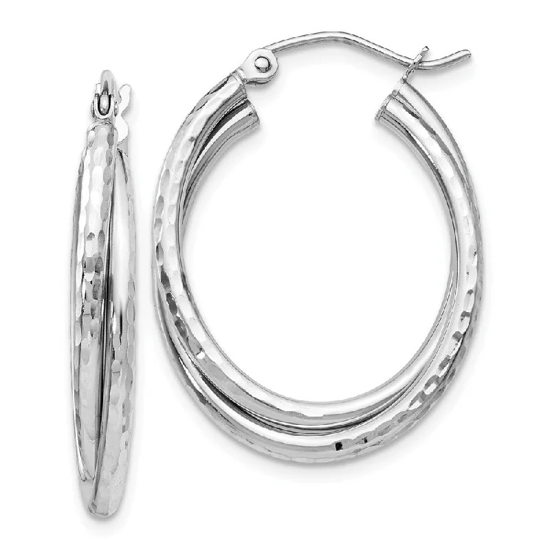 silver dangle earrings for women -5mm x 28mm 14k White Gold Diamond-Cut Double Oval Hoop Earrings