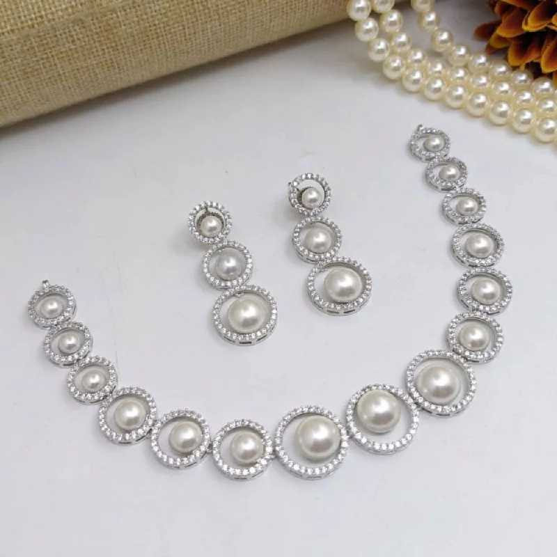 aesthetic silver necklaces for women -Aamrapali Silver Plated American Diamond And Beads Necklace Set