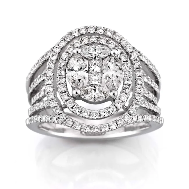 stylish engagement rings for women -2 CTW Diamond Cluster Engagement Ring in 14KT White Gold