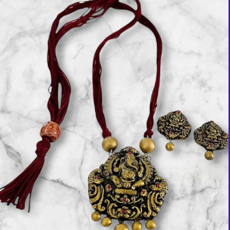 rose gold necklaces for women -VF Collection Gold Plated Terracotta Ganesh Necklace Set