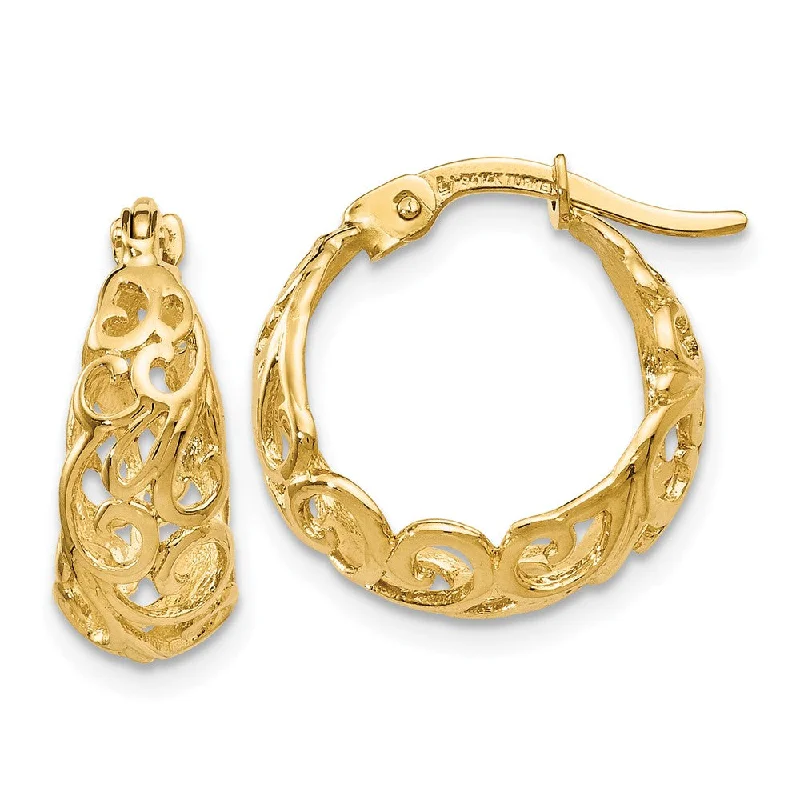 zodiac sign earrings for women -Ornate Tapered Round Hoop Earrings in 14k Yellow Gold, 16mm (5/8 Inch)