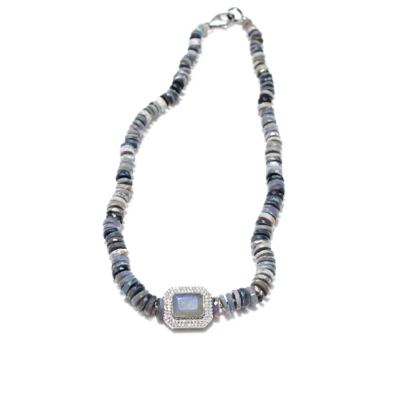 unique charm necklaces for women -Australian Opal Hand Knotted Necklace with Labradorite Center Stone N0003058