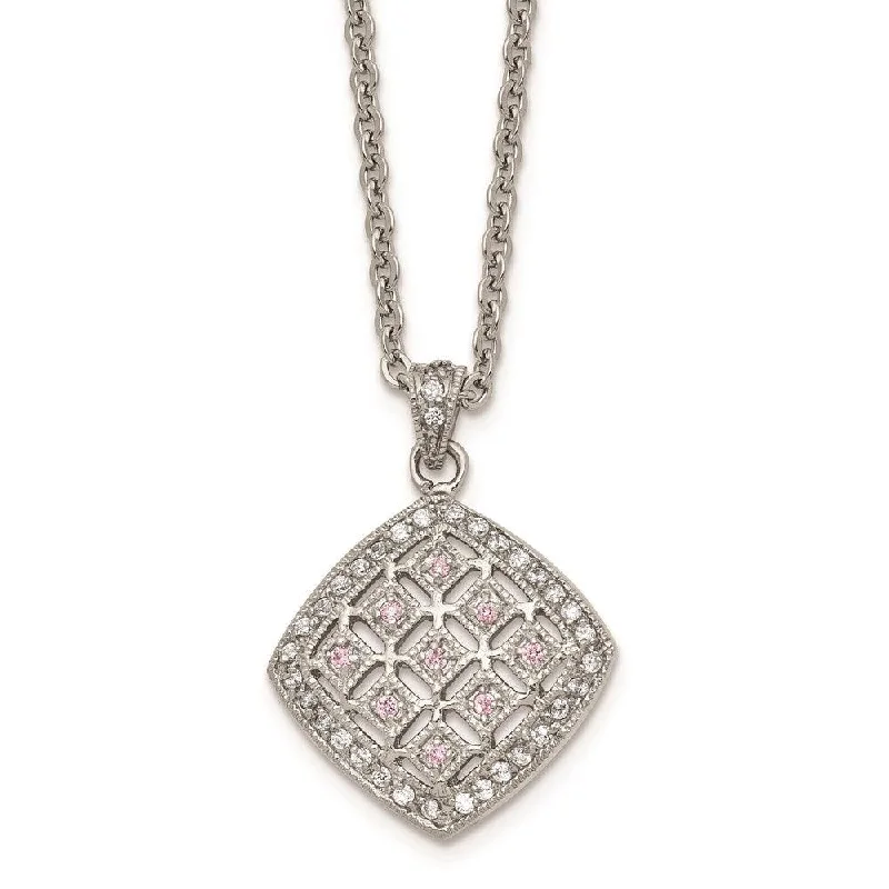 romantic heart necklaces for women -Stainless Steel Polished Clear and Pink CZ Square Necklace