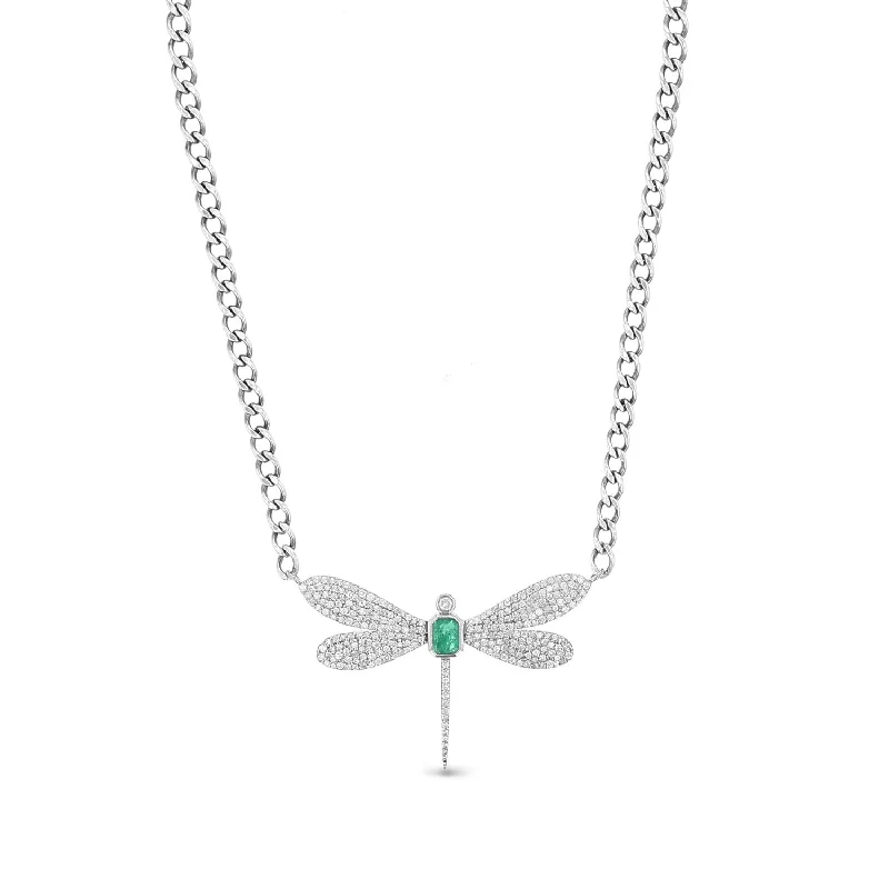 celestial necklaces for women -Diamond & Emerald Dragonfly Pendant Necklace-18"  N0002931