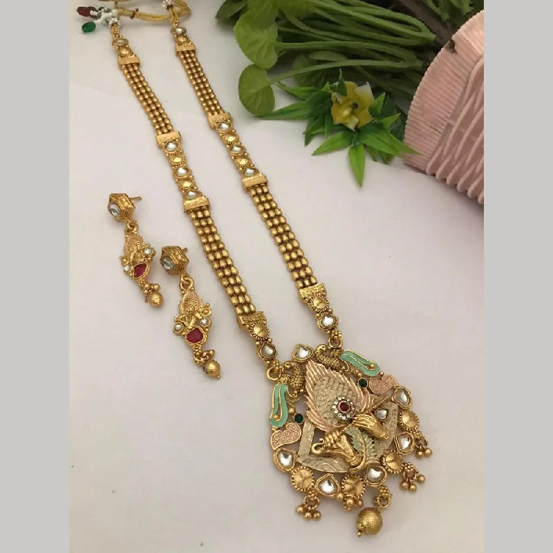 unique necklaces for women -FS Collection Gold Plated Pota Stone Meenakari Temple Long Necklace Set